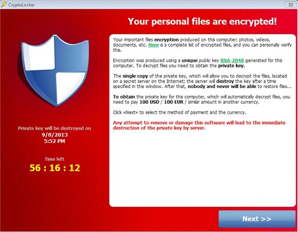 Cryptolocker: malware che cripta con con chiave RSA-2048 tutti i file